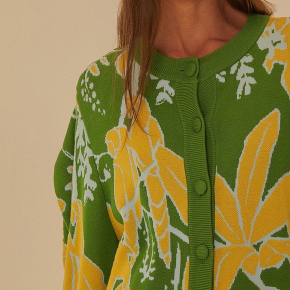 Farm Rio Small Foliage Sketch Knit Cardigan Sweater Green Yellow Preppy $220 New - Picture 8 of 8
